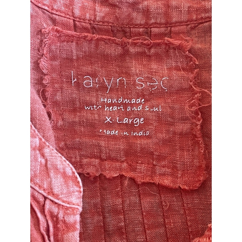 Karyn Seo Coral Linen Tunic Top Womens XL Embroidered Pintuck Pleat Pullover - Picture 7 of 8